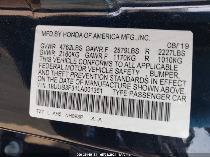 2020 Acura Tlx Standard VIN: 19UUB3F31LA001351 Lot: 39469184