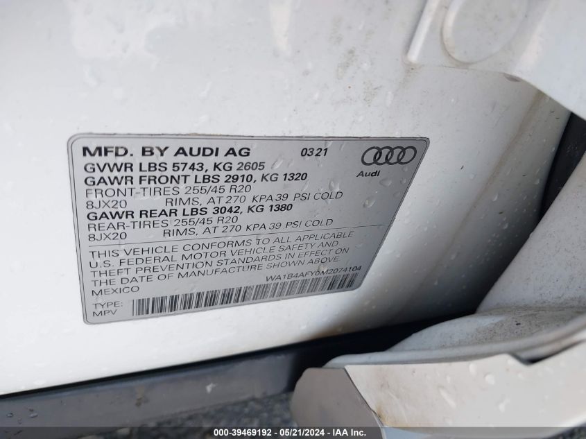 2021 Audi Sq5 Premium Plus VIN: WA1B4AFY0M2074104 Lot: 39469192