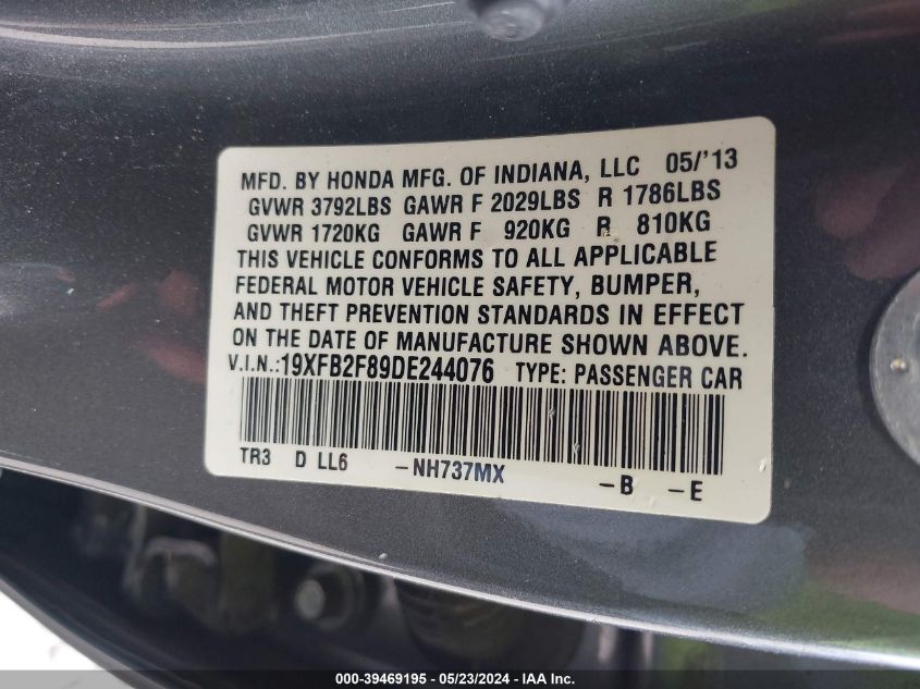 2013 Honda Civic Ex VIN: 19XFB2F89DE244076 Lot: 39469195