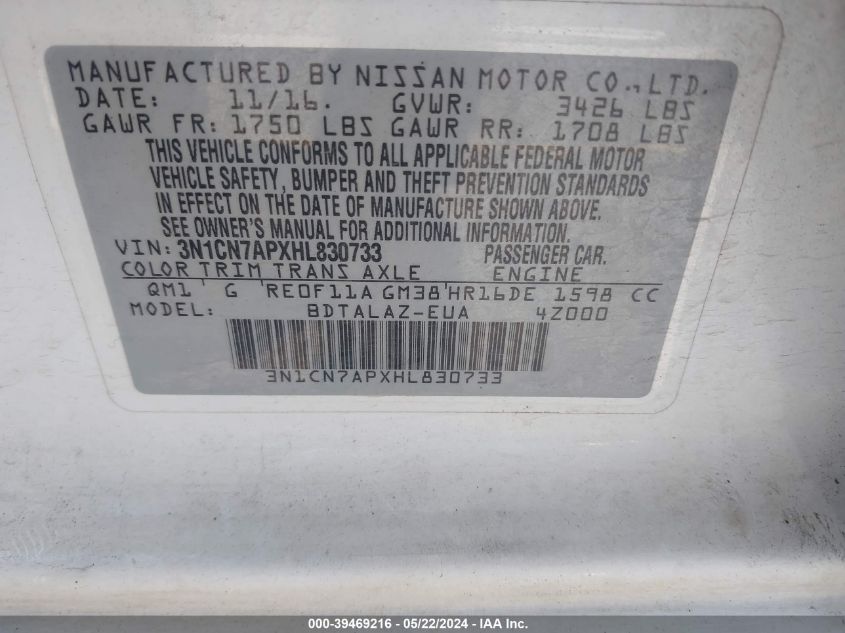 2017 Nissan Versa 1.6 S+ VIN: 3N1CN7APXHL830733 Lot: 39469216