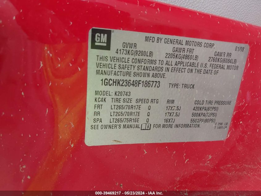 2008 Chevrolet Silverado 2500Hd Ltz VIN: 1GCHK23648F186773 Lot: 39469217