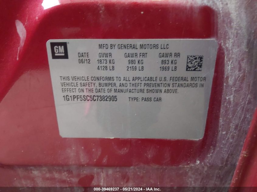 2012 Chevrolet Cruze 1Lt VIN: 1G1PF5SC5C7382905 Lot: 39469237