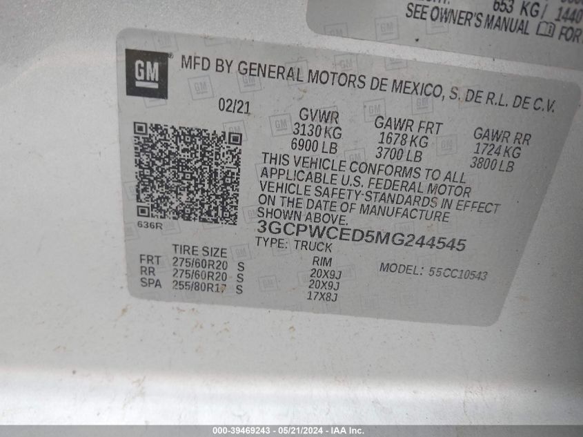 2021 Chevrolet Silverado 1500 2Wd Short Bed Lt VIN: 3GCPWCED5MG244545 Lot: 39469243