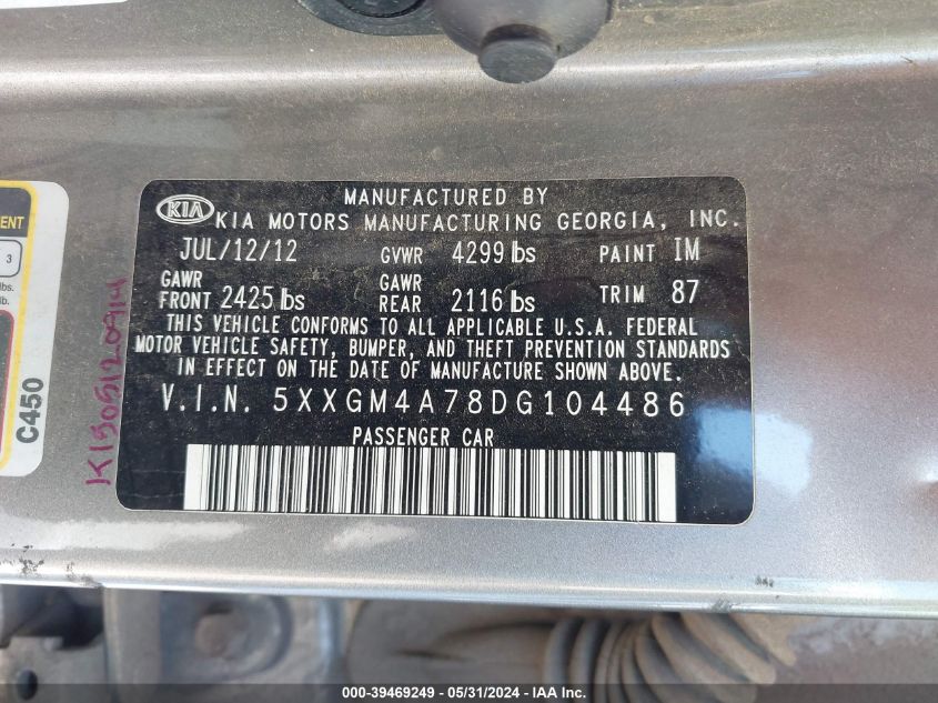 2013 Kia Optima Lx VIN: 5XXGM4A78DG104486 Lot: 39469249