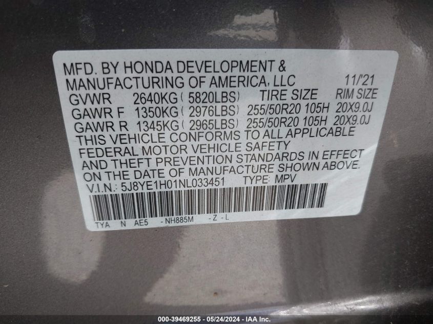 2022 Acura Mdx A-Spec Package VIN: 5J8YE1H01NL033451 Lot: 39469255