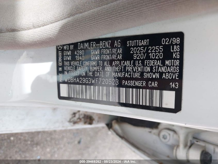 1998 Mercedes-Benz C 280 VIN: WDBHA29G3WF720523 Lot: 39469262