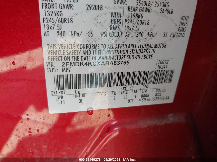 2010 Ford Edge Limited VIN: 2FMDK4KCXABA83765 Lot: 39469276