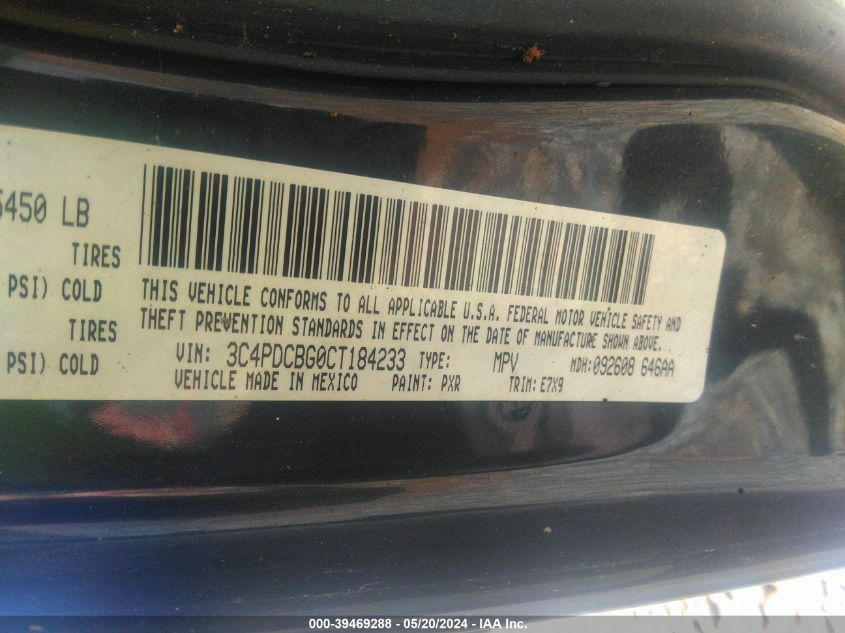 2012 Dodge Journey Sxt VIN: 3C4PDCBG0CT184233 Lot: 39469288