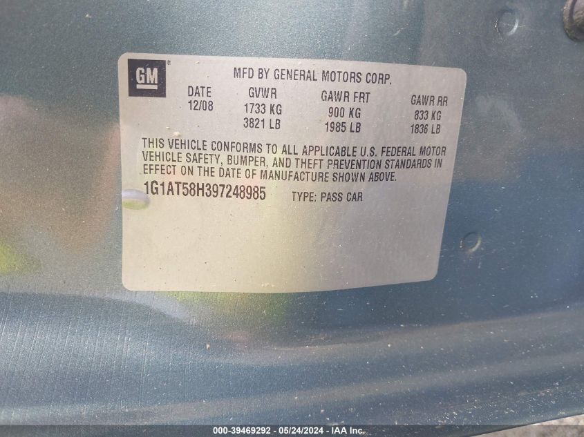 2009 Chevrolet Cobalt Lt VIN: 1G1AT58H397248985 Lot: 39469292