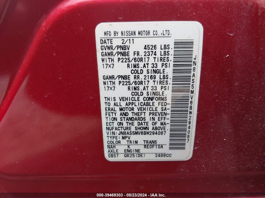 2011 Nissan Rogue Sv VIN: JN8AS5MV6BW294087 Lot: 39469303