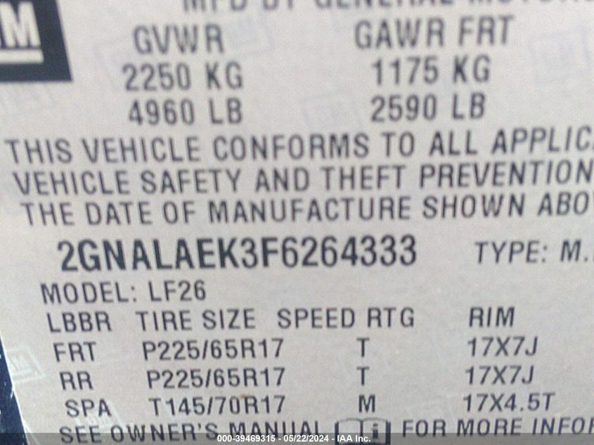 2015 Chevrolet Equinox Ls VIN: 2GNALAEK3F6264333 Lot: 39469315