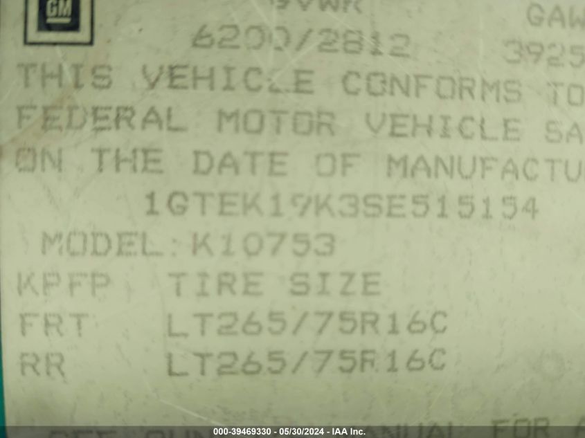 1995 GMC Sierra K1500 VIN: 1GTEK19K3SE515154 Lot: 39469330
