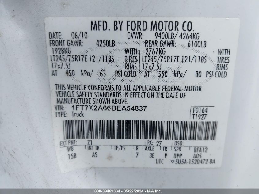 2011 Ford F-250 Xl VIN: 1FT7X2A66BEA54837 Lot: 39469334