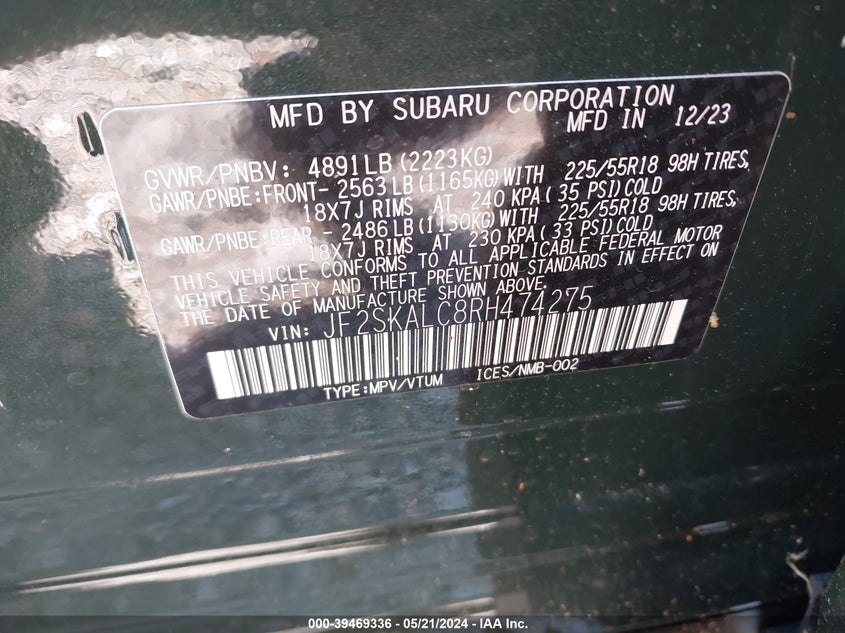 2024 Subaru Forester Limited VIN: JF2SKALC8RH474275 Lot: 39469336
