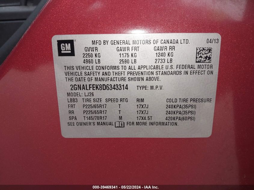 2013 Chevrolet Equinox Ltz VIN: 2GNALFEK8D6343314 Lot: 39469341