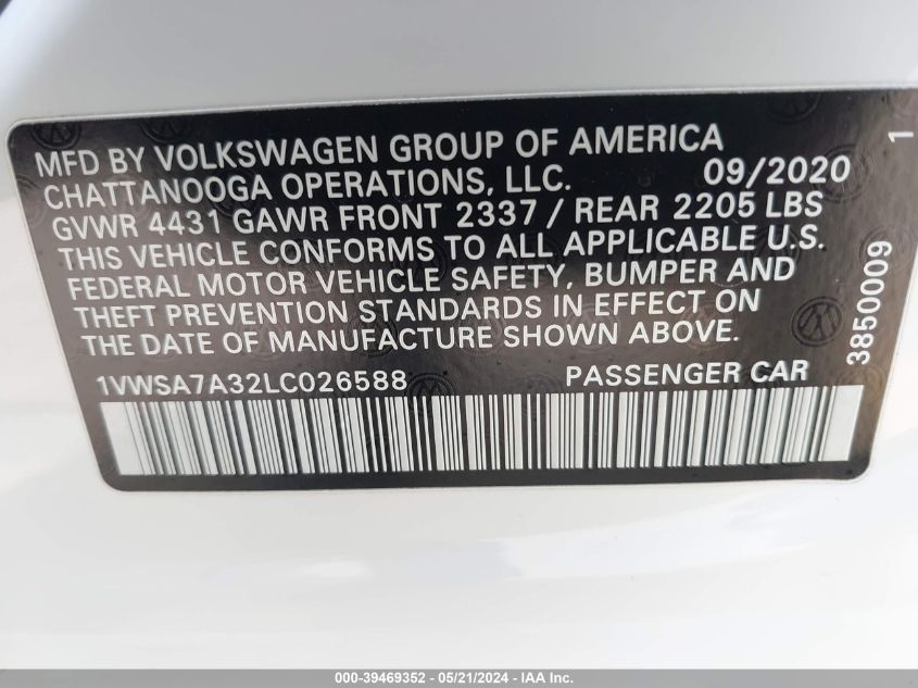 2020 Volkswagen Passat 2.0T Se VIN: 1VWSA7A32LC026588 Lot: 39469352