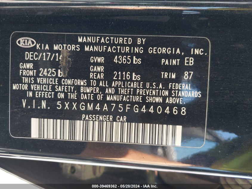 2015 Kia Optima Lx VIN: 5XXGM4A75FG440468 Lot: 39469362