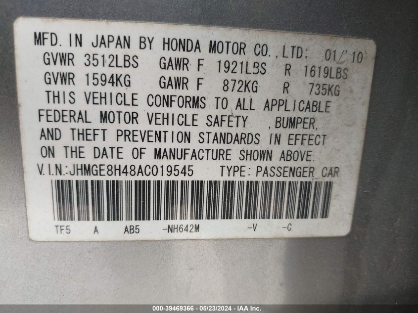 2010 Honda Fit Sport VIN: JHMGE8H48AC019545 Lot: 39469366