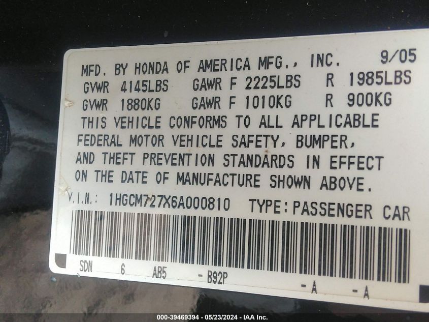 2006 Honda Accord 2.4 Ex VIN: 1HGCM727X6A000810 Lot: 39469394