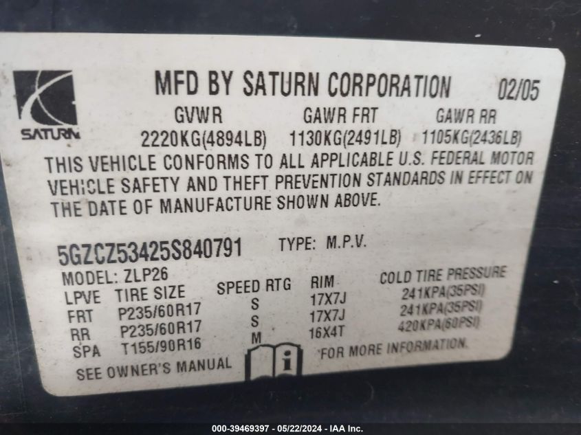 2005 Saturn Vue VIN: 5GZCZ53425S840791 Lot: 39469397