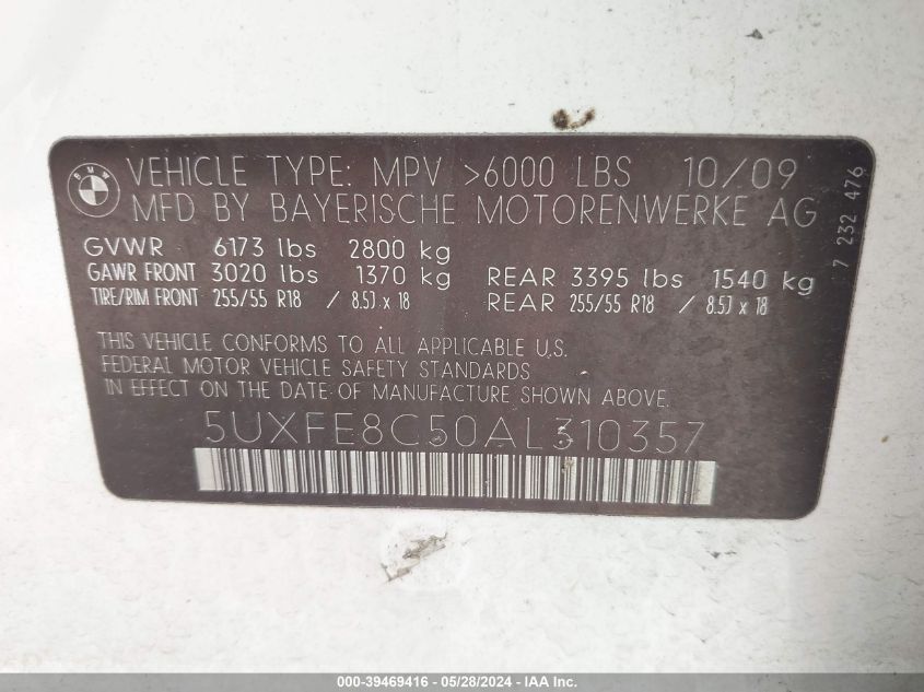2010 BMW X5 xDrive48I VIN: 5UXFE8C50AL310357 Lot: 39469416