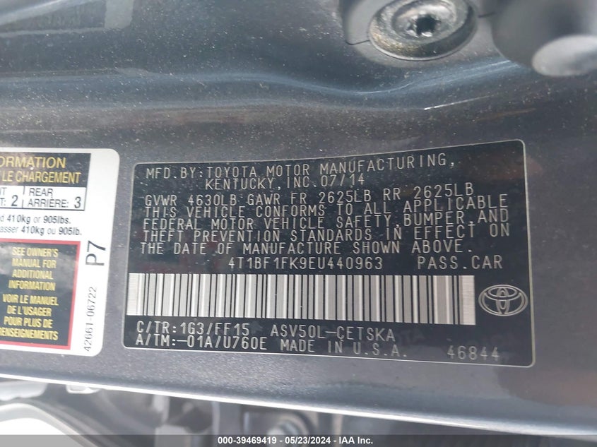 2014 Toyota Camry Se VIN: 4T1BF1FK9EU440963 Lot: 39469419