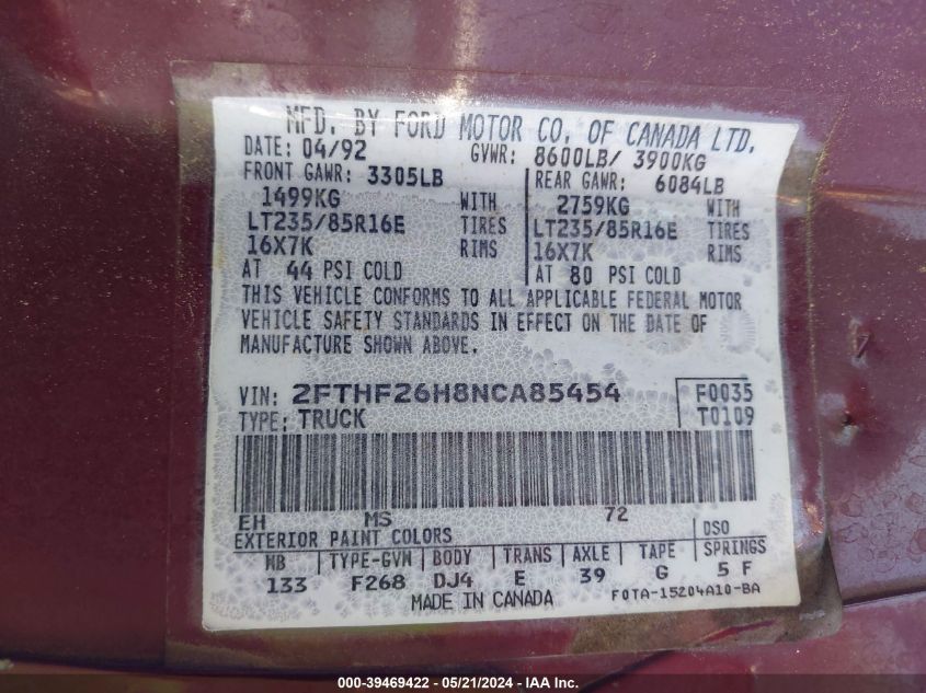1992 Ford F250 VIN: 2FTHF26H8NCA85454 Lot: 39469422