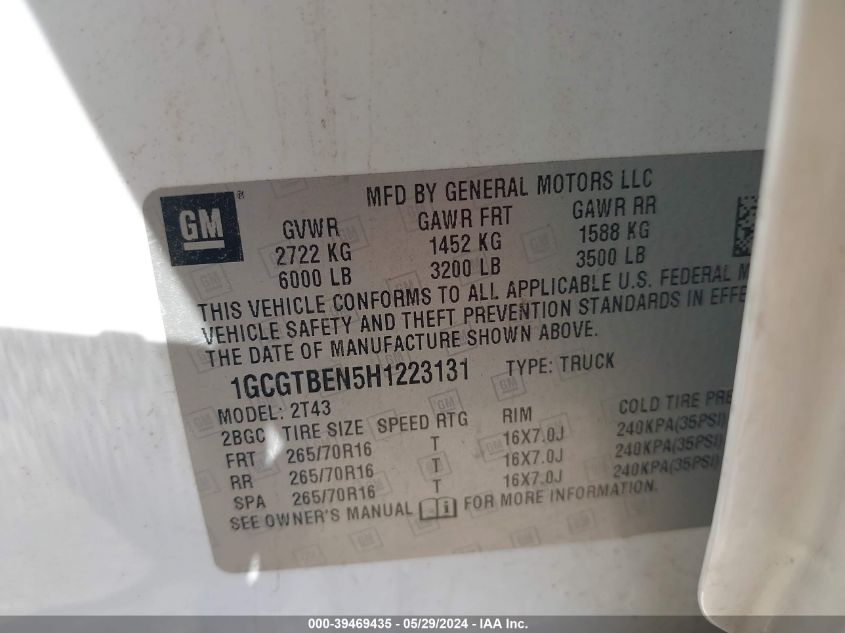 2017 Chevrolet Colorado Wt VIN: 1GCGTBEN5H1223131 Lot: 39469435