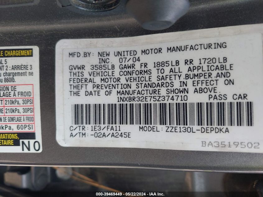 2005 Toyota Corolla Ce VIN: 1NXBR32E75Z374710 Lot: 39469449