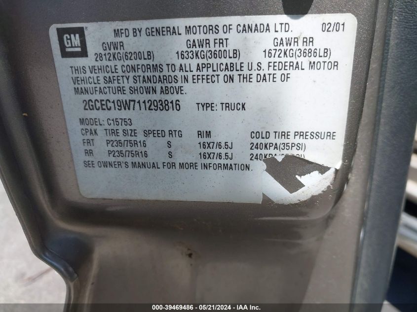 2001 Chevrolet Silverado 1500 Ls VIN: 2GCEC19W711293816 Lot: 39469486