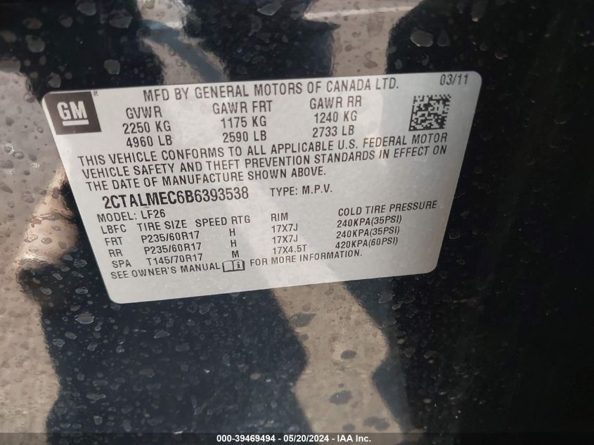 2011 GMC Terrain Sle-1 VIN: 2CTALMEC6B6393538 Lot: 39469494