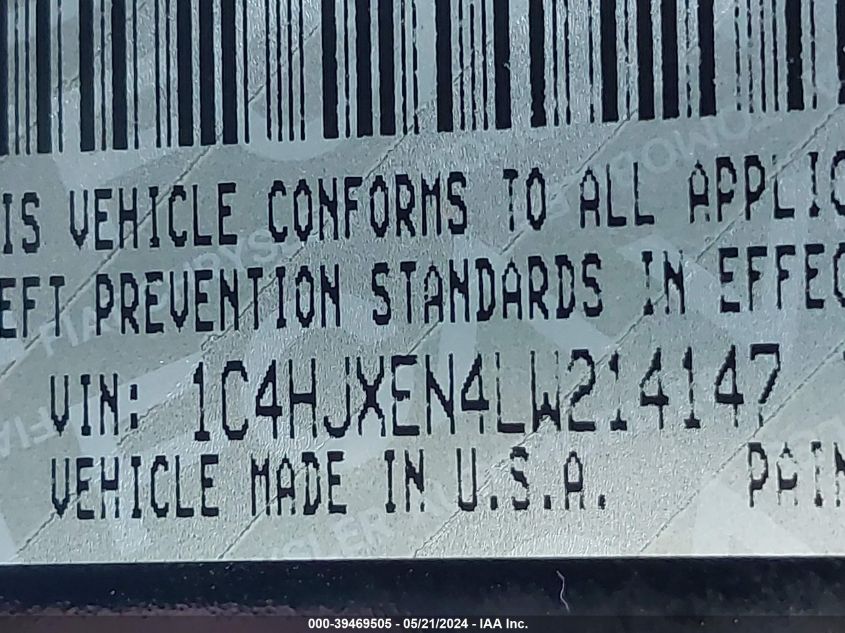 2020 Jeep Wrangler Unlimited Sahara 4X4 VIN: 1C4HJXEN4LW214147 Lot: 39469505