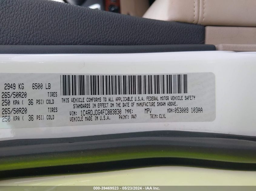 2015 Dodge Durango Limited VIN: 1C4RDJDG4FC883830 Lot: 39469523