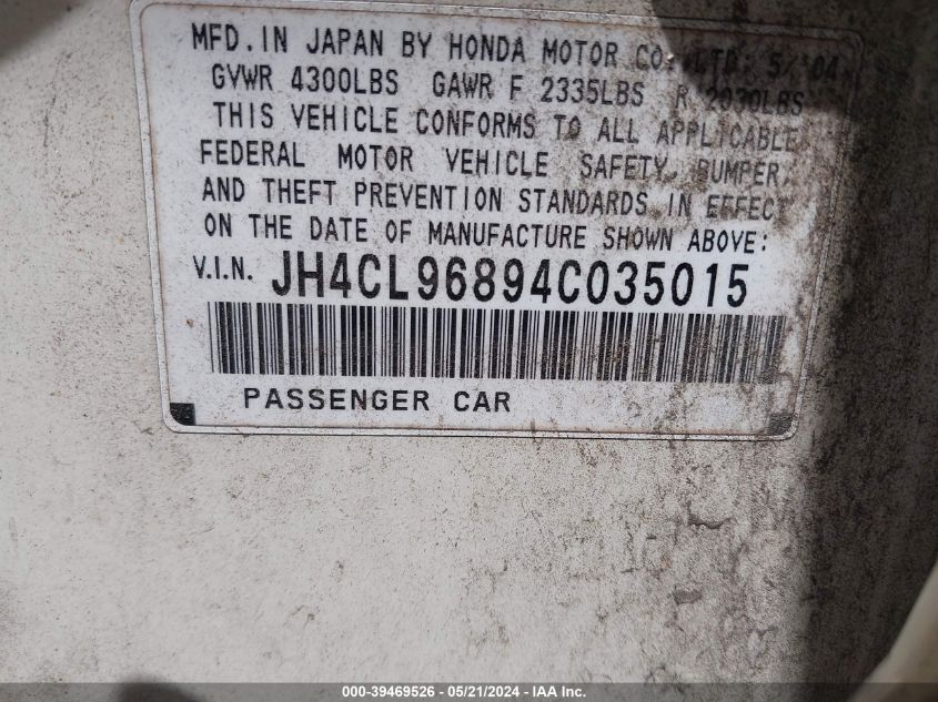 2004 Acura Tsx VIN: JH4CL96894C035015 Lot: 39469526