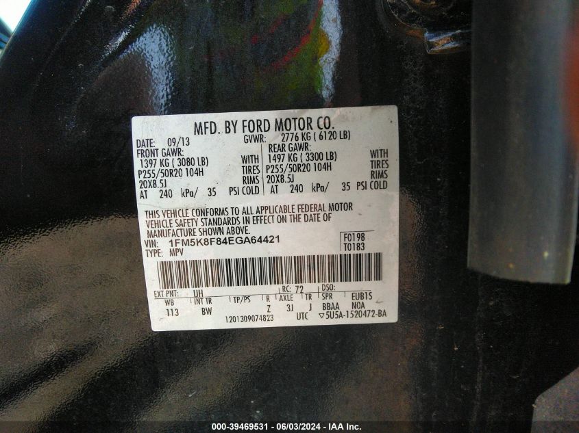 2014 Ford Explorer Limited VIN: 1FM5K8F84EGA64421 Lot: 39469531