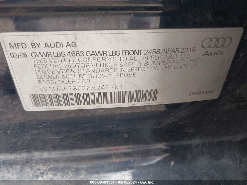 2006 Audi A4 2.0T VIN: WAUAF78E26A240761 Lot: 39469534