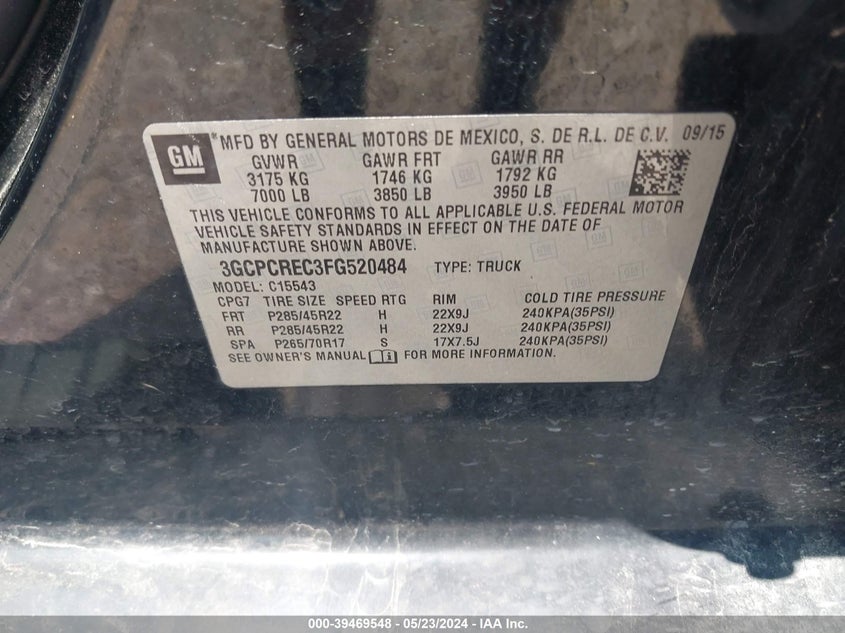 2015 Chevrolet Silverado 1500 1Lt VIN: 3GCPCREC3FG520484 Lot: 39469548
