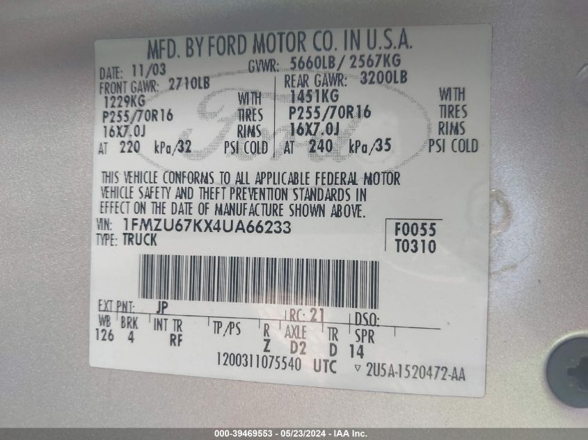 2004 Ford Explorer Sport Trac Adrenalin/Xls/Xlt VIN: 1FMZU67KX4UA66233 Lot: 39469553