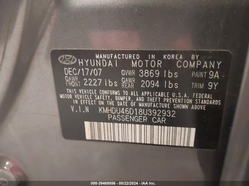 KMHDU46D18U392932 | 2008 HYUNDAI ELANTRA