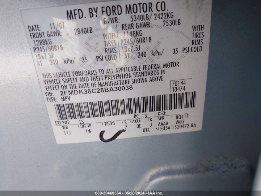 2008 Ford Edge Se VIN: 2FMDK36C28BA30038 Lot: 39469564