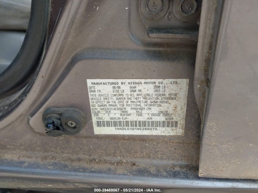 1998 Nissan Altima Gle/Gxe/Se/Xe VIN: 1N4DL01D1WC266070 Lot: 39469567