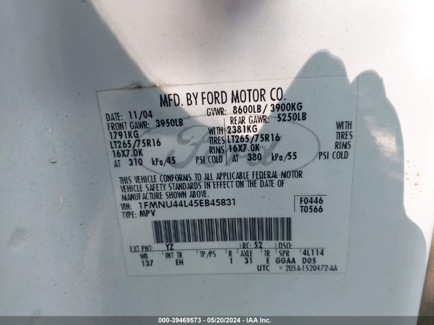 2005 Ford Excursion Eddie Bauer VIN: 1FMNU44L45EB45831 Lot: 39469573