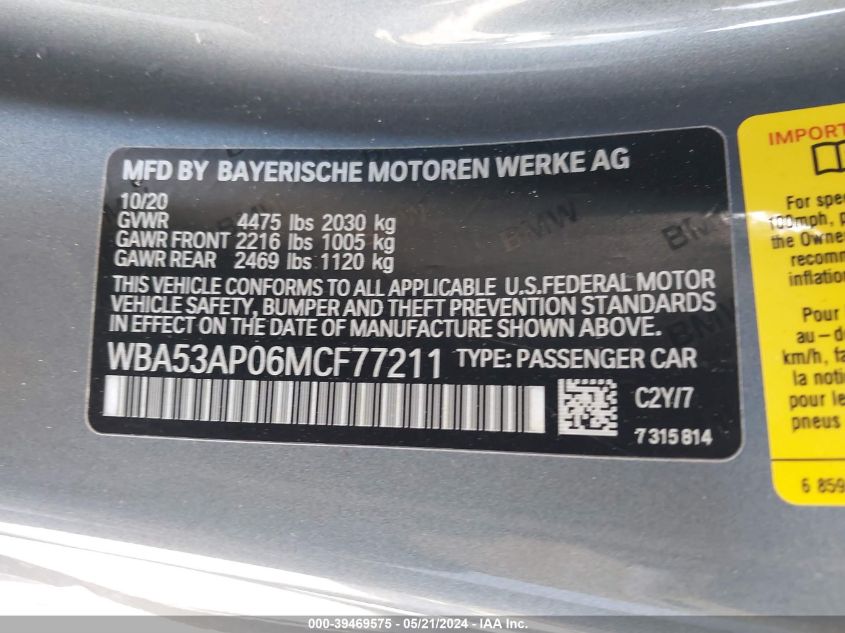 2021 BMW 430I VIN: WBA53AP06MCF77211 Lot: 39469575