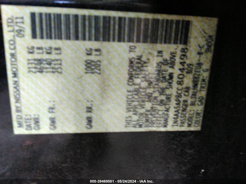 2012 Nissan Maxima 3.5 Sv VIN: 1N4AA5AP8CC804498 Lot: 39469581