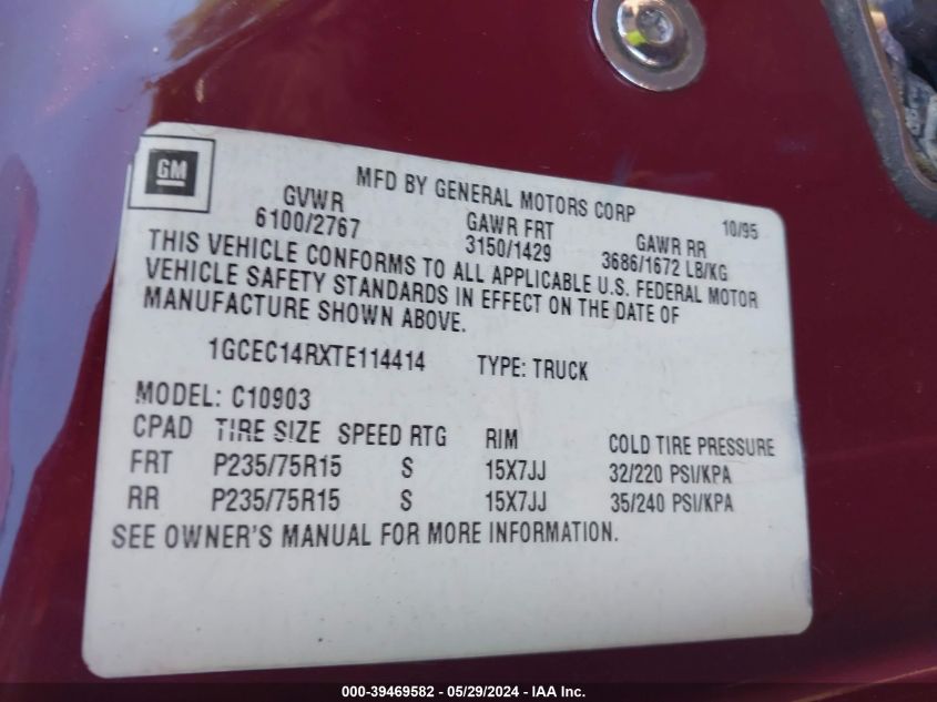 1996 Chevrolet Gmt-400 C1500 VIN: 1GCEC14RXTE114414 Lot: 39469582