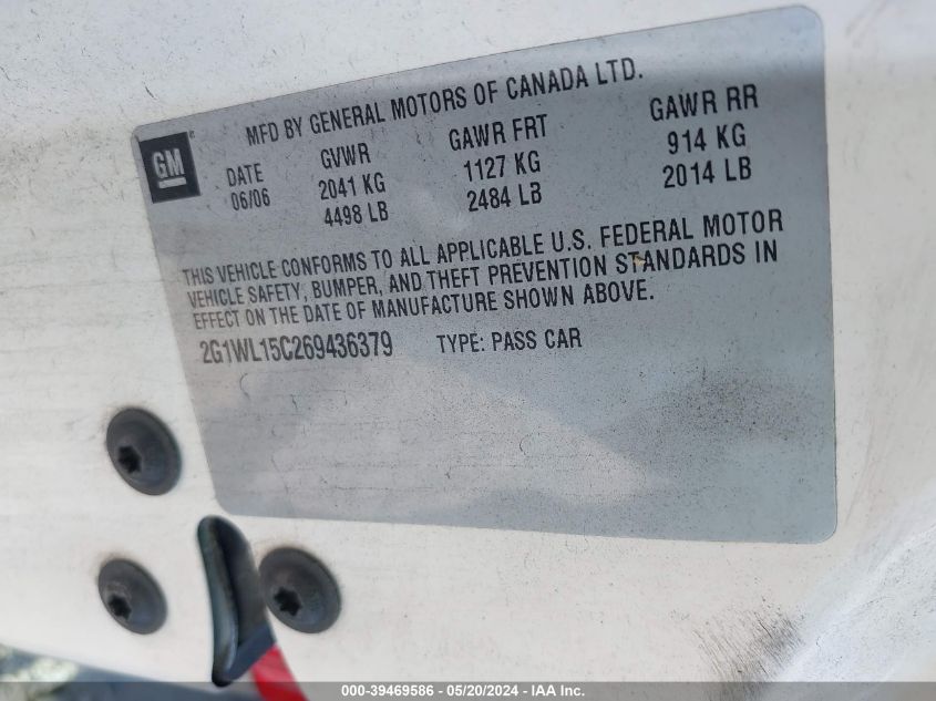 2006 Chevrolet Monte Carlo Ss VIN: 2G1WL15C269436379 Lot: 39469586