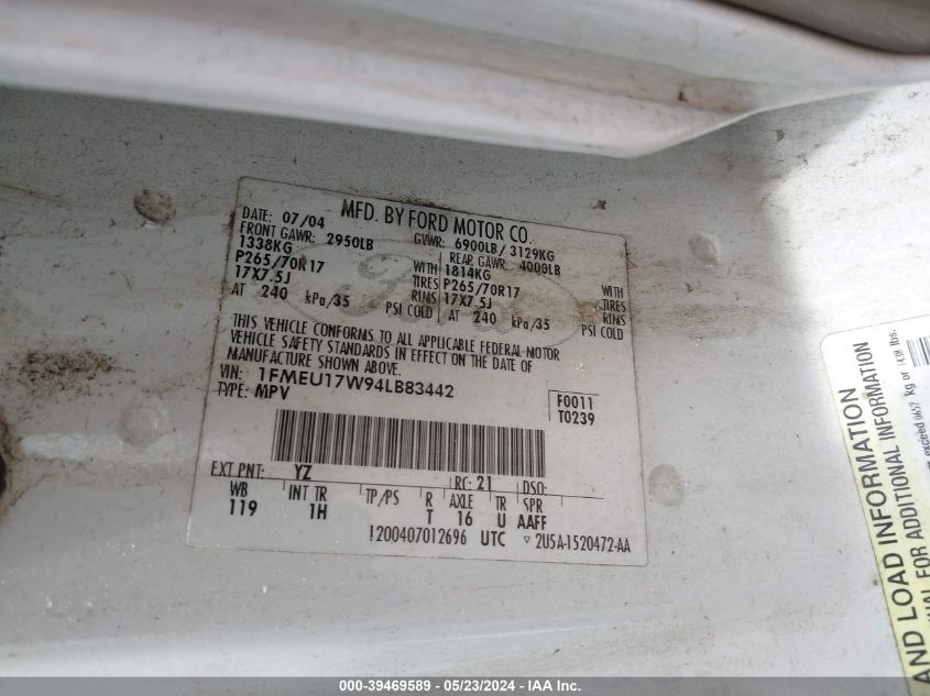 2004 Ford Expedition Eddie Bauer VIN: 1FMEU17W94LB83442 Lot: 39469589