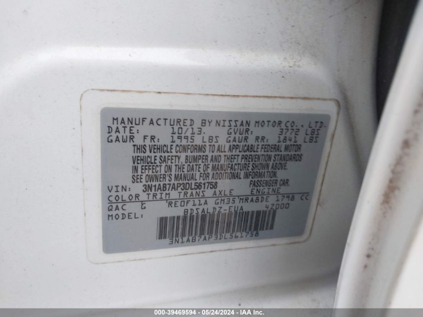 2013 Nissan Sentra Sv VIN: 3N1AB7AP3DL561758 Lot: 39469594