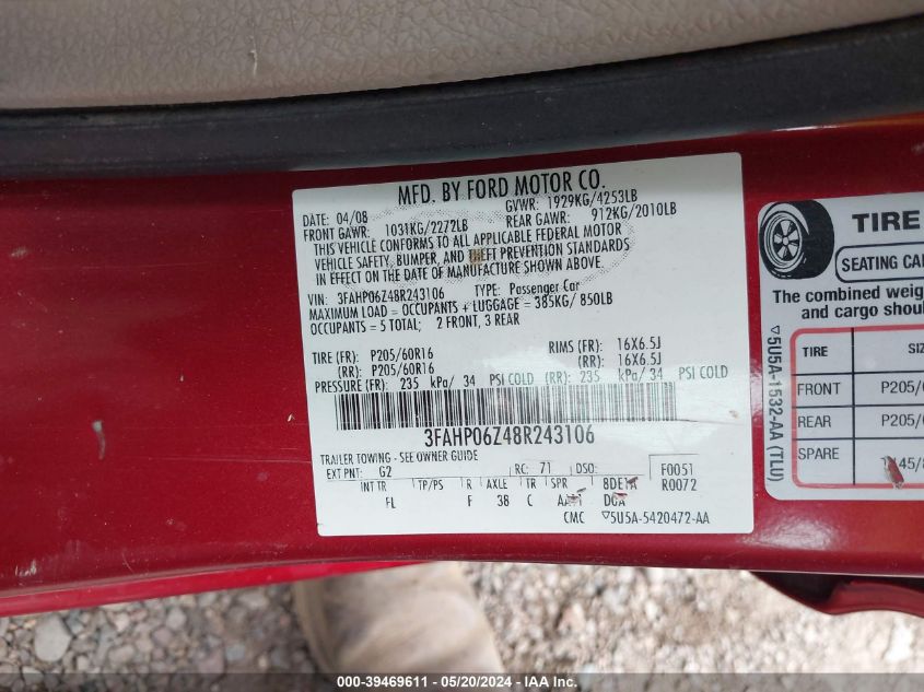 2008 Ford Fusion S VIN: 3FAHP06Z48R243106 Lot: 39469611