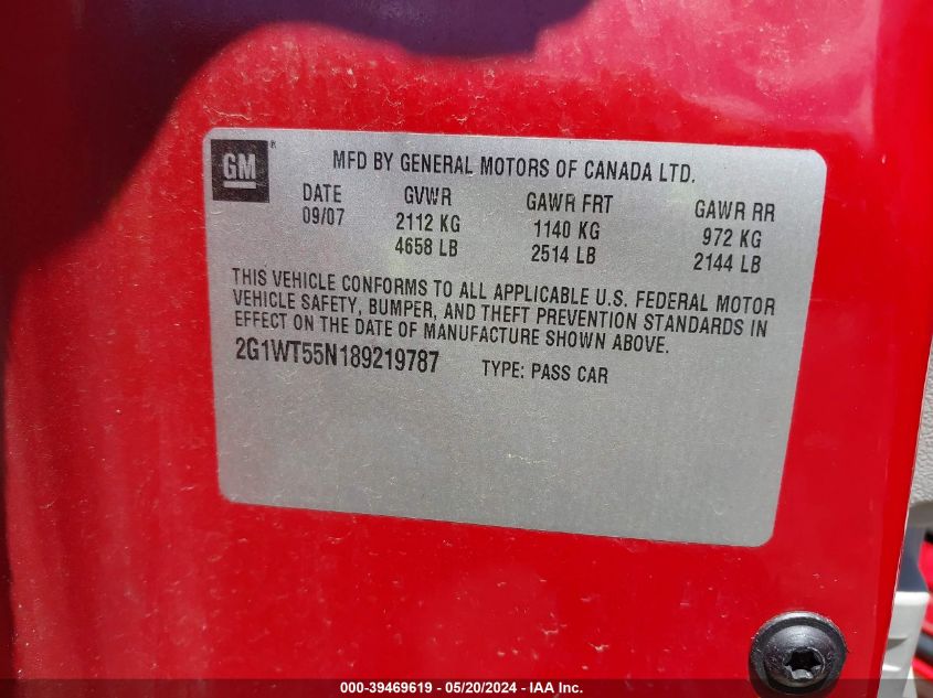 2008 Chevrolet Impala Lt VIN: 2G1WT55N189219787 Lot: 39469619